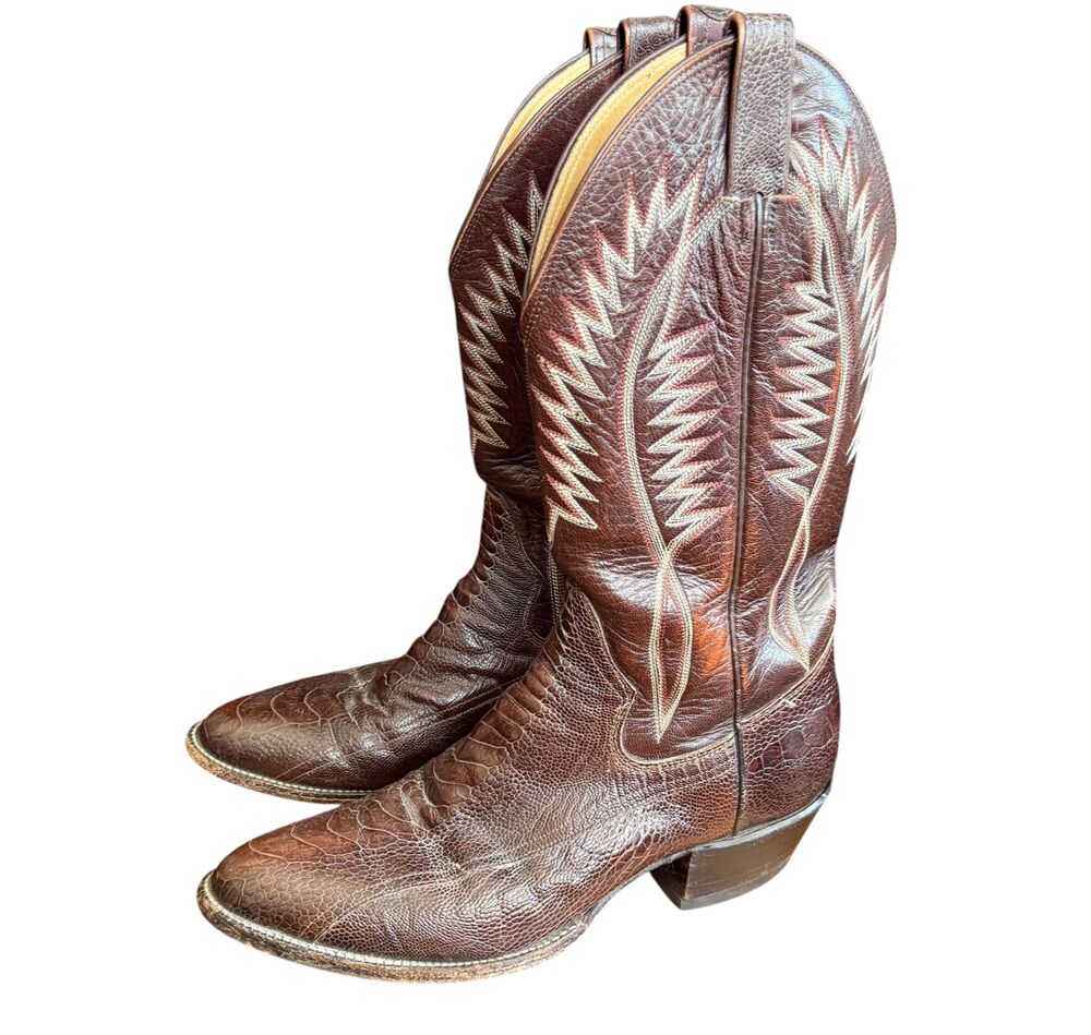 Vintage Sanders Ostrich Leg Cowboy Boots Men 9.5D Brown Western Exotic 51046 EUC